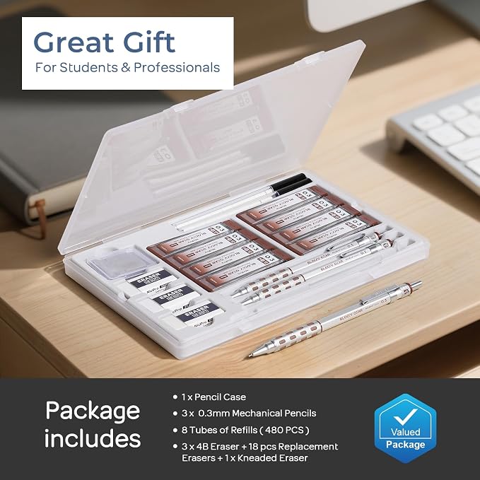 Nicpro 3 Pack Blocky Gear 0.3 mm Metal Mechanical Pencils Set with Case | Lead Drafting Pencil with 8 Tube (480PCS) Lead Refills, 4 Erasers, 18 Eraser Refills for Art Writing, Sketching Drawing