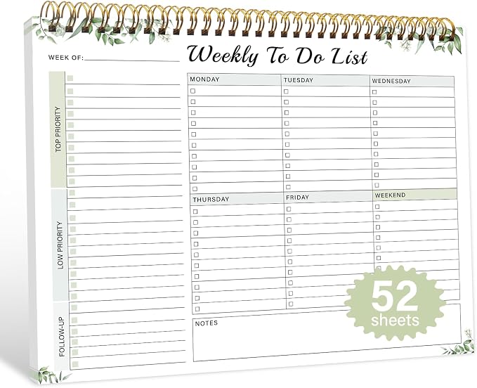 Weekly To Do List Pad with 52 Undated Sheets（8.5"×11"）- Weekly Desk Notepad with Spiral Binding for Women & Man, Office, School and Home Personal Organizer