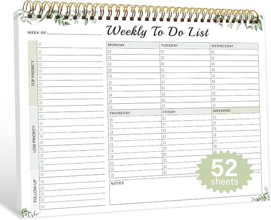 Weekly To Do List Pad with 52 Undated Sheets（8.5"×11"）- Weekly Desk Notepad with Spiral Binding for Women & Man, Office, School and Home Personal Organizer