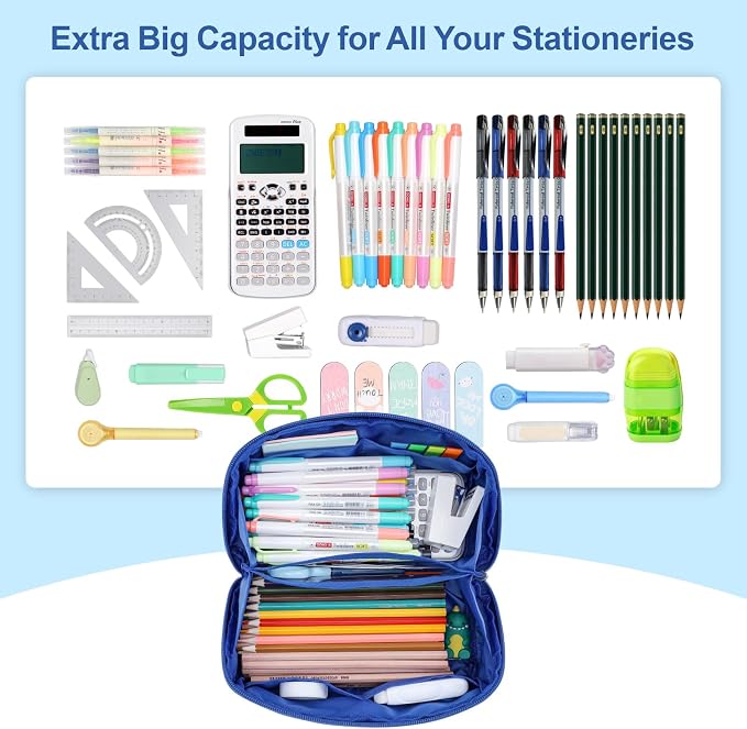 Large Pencil Case for Boys - Aesthetic Pencil Pouch for School | Kids Pencil Case & Wide Handle, Water Resistent Organizer Box,Fits 50 Pens & Markers, Daily Use, Blue Dinosaur