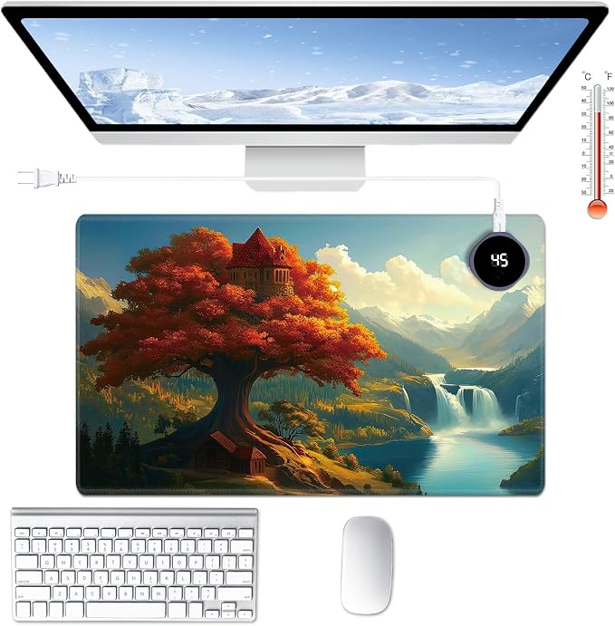 Heated Desk Pad Large Mouse Pad 23.6 x 14.1 inch with 3 Levels Heating & Auto Shut-Off Warm Mouse pad PU Leather Computer Mousepad for Home Office Work - Maple Leaf