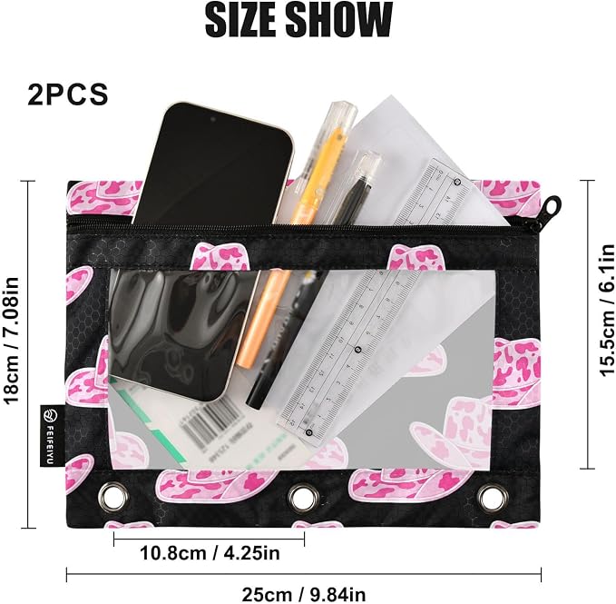 Gredecor Binder Pencil Pouch 3 Ring Cowgirl Hat with Pink Cow Zipper Pencil Pouches Case 2 Pack Clear Binder Organizer for School Office