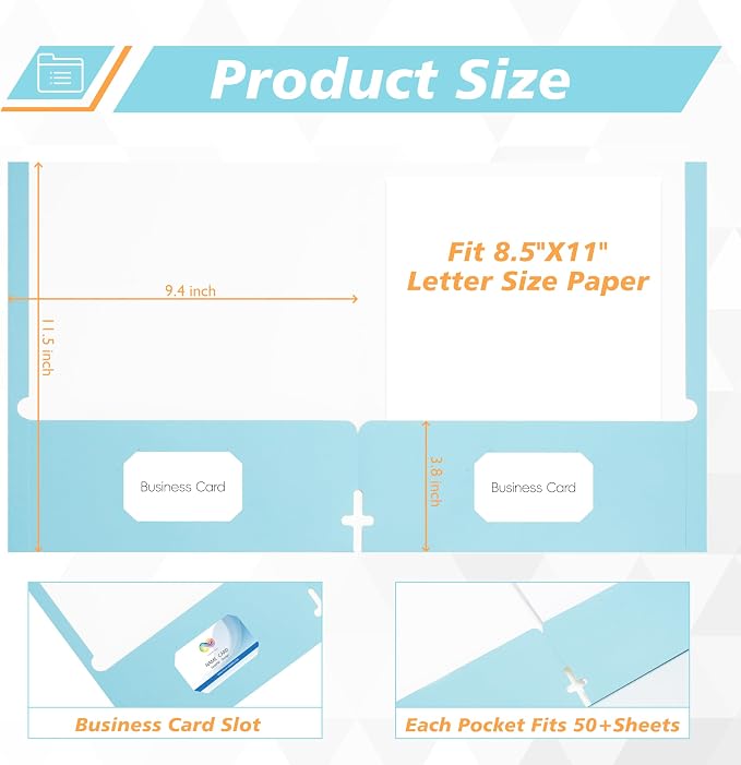 50 Packs Two Pocket Folders,Two Pocket File Folders with Business Card Slot,Sky Blue,Letter Size,Paper Folders with Pockets for School Office Home Business