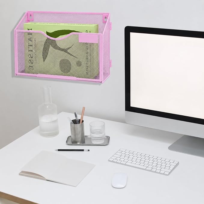 1 Pocket Mesh Wall File Holder Organizer Office Hanging File Folder Magazine Rack, Nametag Label Hooks Set Included (Pink)