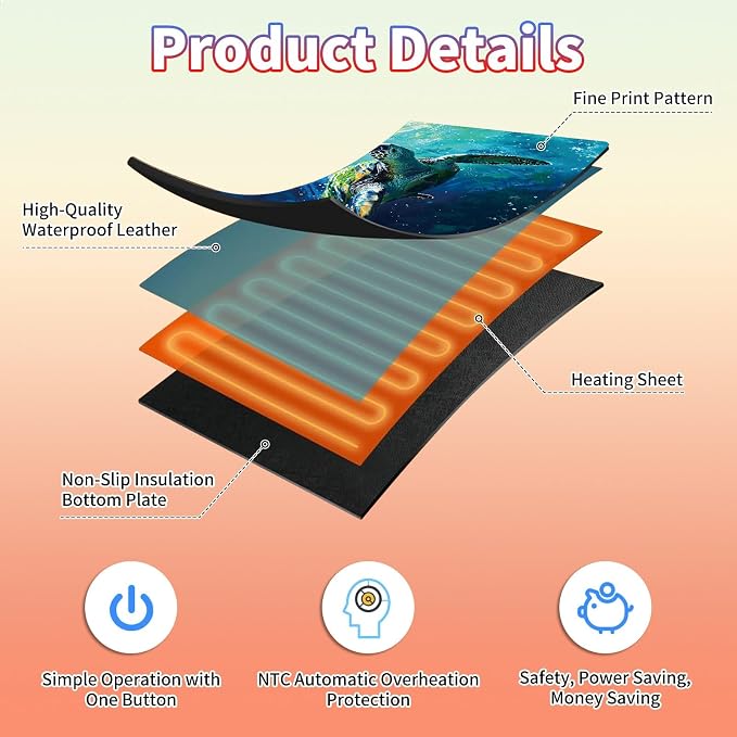Heated Desk Pad Large Mouse Pad 23.6 x 14.1 inch with 3 Levels Heating & Auto Shut-Off Warm Mouse pad PU Leather Computer Mousepad for Home Office Work - Colorful Turtles