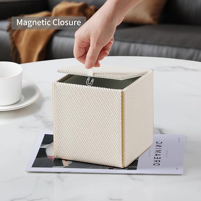 Square PU Leather Tissue Box Cover with Magnetic Closure, Decorative Tissue Holder & Storage Container for Bedroom, Living Room, Dining Room, Bathroom, Countertop, Desk (Square Off-White Twill)