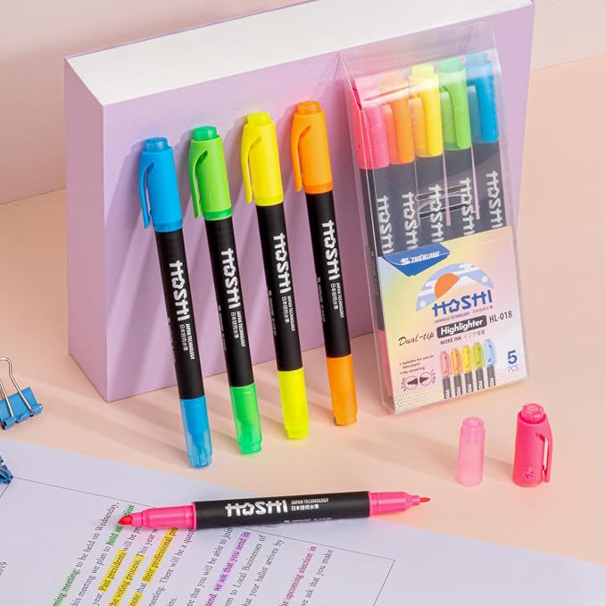 Hoshi 5PCs Premium Fluorescent Dual Tip Highlighters, Assorted Aesthetic Colors Highlighter Set, High Ink Capacity, No Bleed, Quick Dry for Arts, Craft Projects
