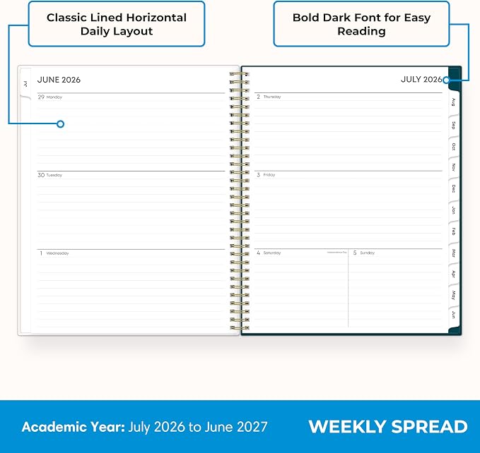 Blue Sky 2026-2027 Weekly & Monthly Academic Planner, 8.5"x11", Greta | July 2026 - June 2027, Flexible Cover, Wirebound, Storage Pocket, Laminated Tabs, Academic Year