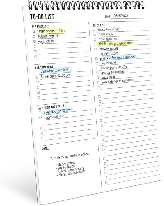 To Do List Notepad 8.5x11" - Large Size, 52 Sheets - Daily Planner Notebook | with Multiple Functional Sections - Spiral Bound Task Checklist Organizer Agenda Pad for Work, Note & Todo List Organization