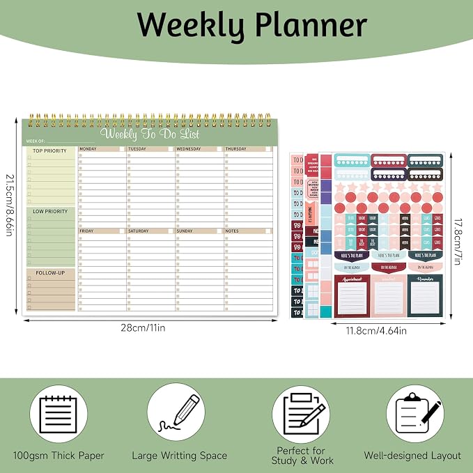Thboxes Weekly To Do List Notepad, 8.5"x11" Desk Planner 52 Sheets, Green | 100GSM Paper Undated Habit Planner, Productivity Organizer Notepad, for Home School Office Work, Travel, College Essentials