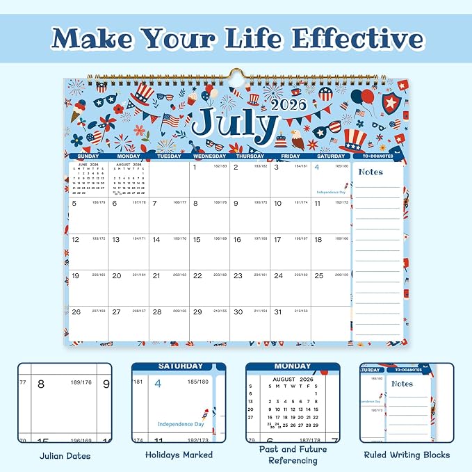 Calendar 2026-2027, 18 Monthly 2026-2027 Wall Calendar July 2026 - December 2027, 14.8" X 11.5", Calendar with Twin-Wire Binding, Hanging Hook, Blocks and Julian Dates (Seasonal Designs)