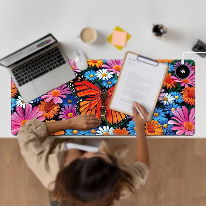 Heated Desk Pad Large Mouse Pad 31.5 x 13 inch with 3 Levels Heating & Auto Shut-Off Warm Mouse pad PU Leather Computer Mousepad for Home Office Work - Colorful Flowers and Butterflies