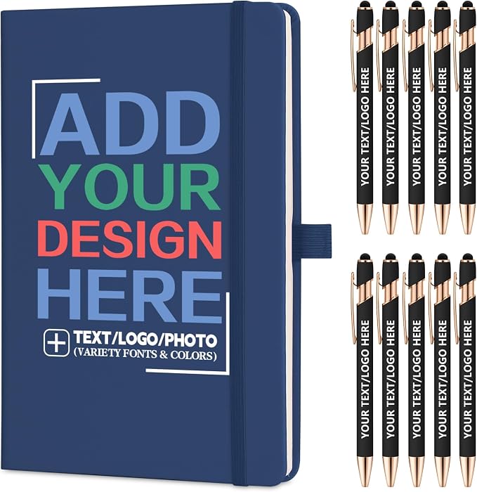 ENOMY Personalized Notebook Journal & 10 PC Pens Gift Set Custom Notebook A5 200 Pages A5 Lined Journal for Men Women Hardcover Notebooks for Work College Graduation Gifts, Blue