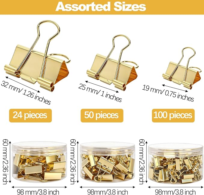 Fasmov 174 Pcs Gold Binder Clips Paper Clamps, Assorted Sizes Paper Clamps Clips (Small, Medium, Large), Office Clip with Container, Binder Clip for Office School and Home Supplies