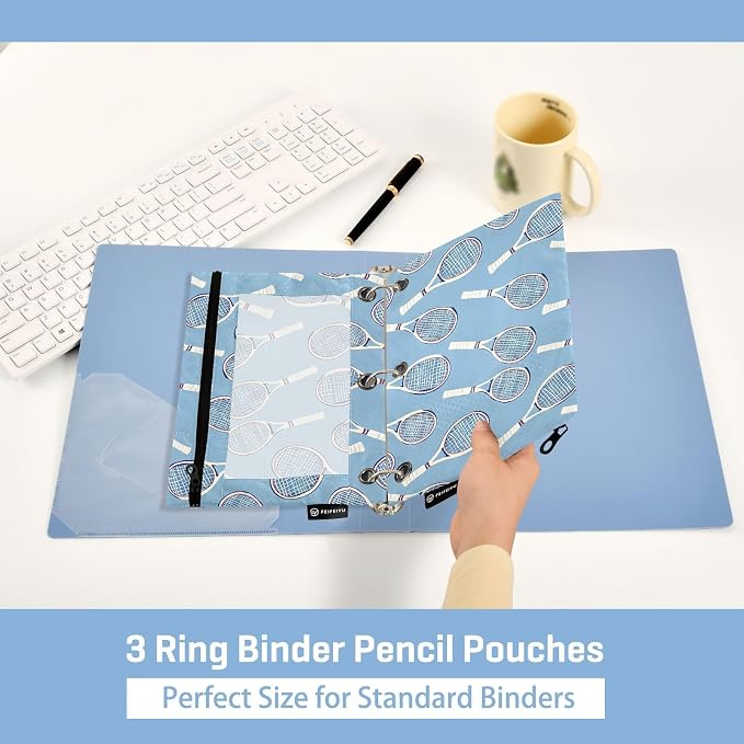 ALAZA Tennis Racket Blue Pencil Pouch for 3 Ring Binder 2 Pack Zipper Binder Pencil Bag Case with Clear Window Office Supplies