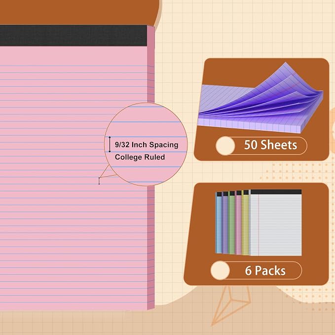 Legal Pads 8.5 X11, Narrow Ruled Notepads, 6 Pack, 50 Sheet/Pad | Colored Legal Pads, Tear Off Notepad, Perforated Writing Pad, Notebook Paper College Ruled, Notepads For Office Home School