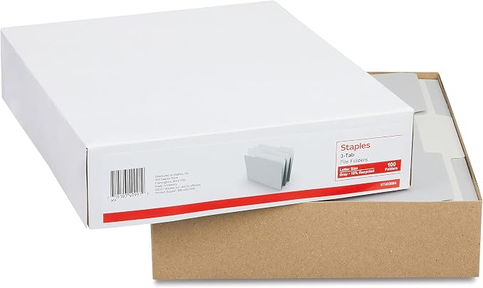 Staples File Folder, Letter Size, 1/3‑Cut Tab, Gray, Durable Paper Stock, 200/Carton