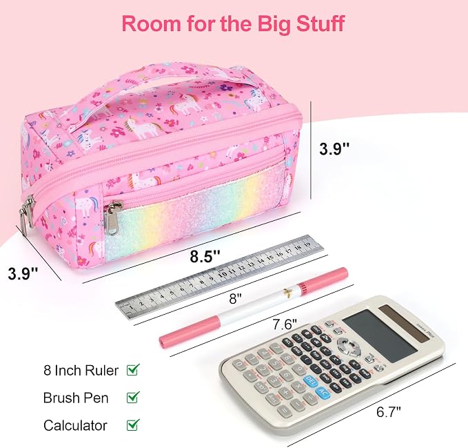 Large Pencil Case for Girls, Aesthetic Pencil Pouch for School, Wide Opening Organizer Box with Handle, Fits 50 Pens & Markers (Glitter Pink Unicorn) | Kids Pencil Case & Wide Handle, Water Resistent Organizer Box, Fits 50 Pens & Markers, Daily Use, Gl...