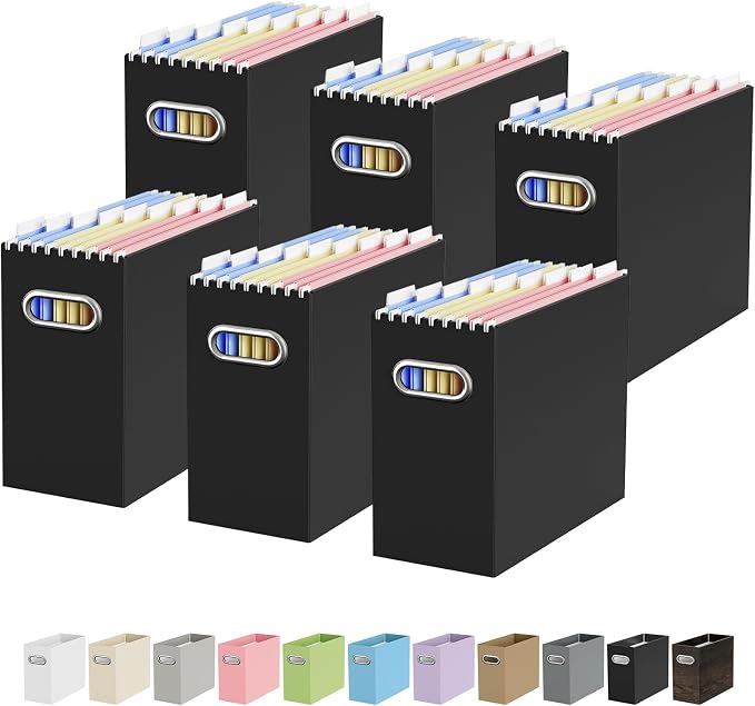 Oterri File Organizer Box, Portable Collapsible Cardboard File Folder Organizer with Handle for Letter Size Hanging Files, Document Storage Box for Home Office & Classroom (6 Packs, Black)