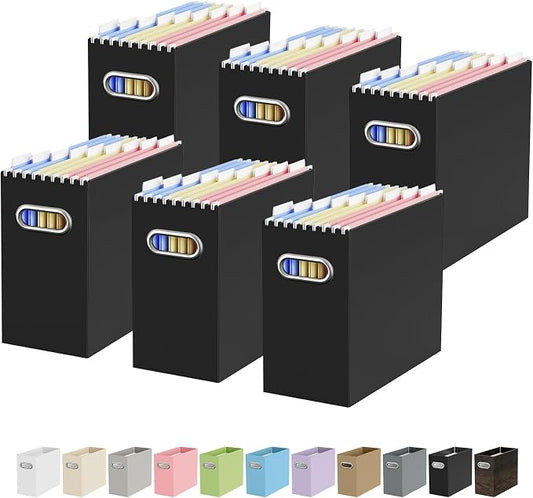 Oterri File Organizer Box, Portable Collapsible Cardboard File Folder Organizer with Handle for Letter Size Hanging Files, Document Storage Box for Home Office & Classroom (6 Packs, Black)