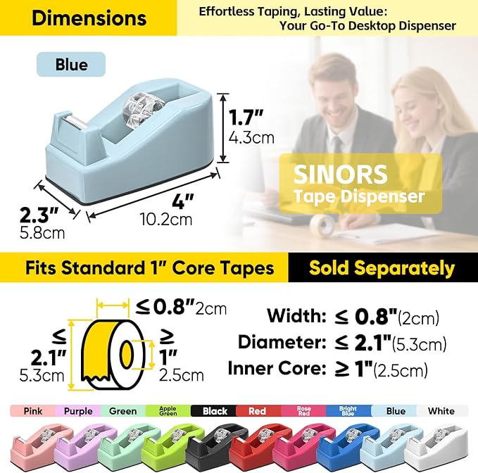 Desktop Office Tape Dispenser, Fits Standard 1-Inch Core Tapes, Weighted Non-Slip Base, Sharp Metal Blade, Smooth Cutting, Adhesive Roll Holder for Office, School, Shop, Home & Business - Blue