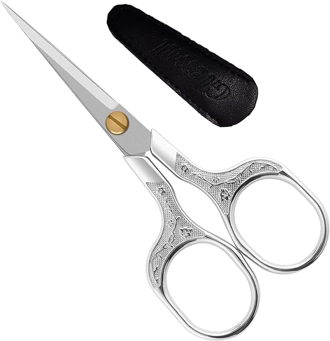 Silver Stainless Steel Scissors with Leather Cover, 5" Sharp Embroidery Scissors for Precise Cutting, Ultra-Sharp Vintage Needlepoint Snips for Yarn, Fabric & Crafts, Professional Metal Crafting Tool