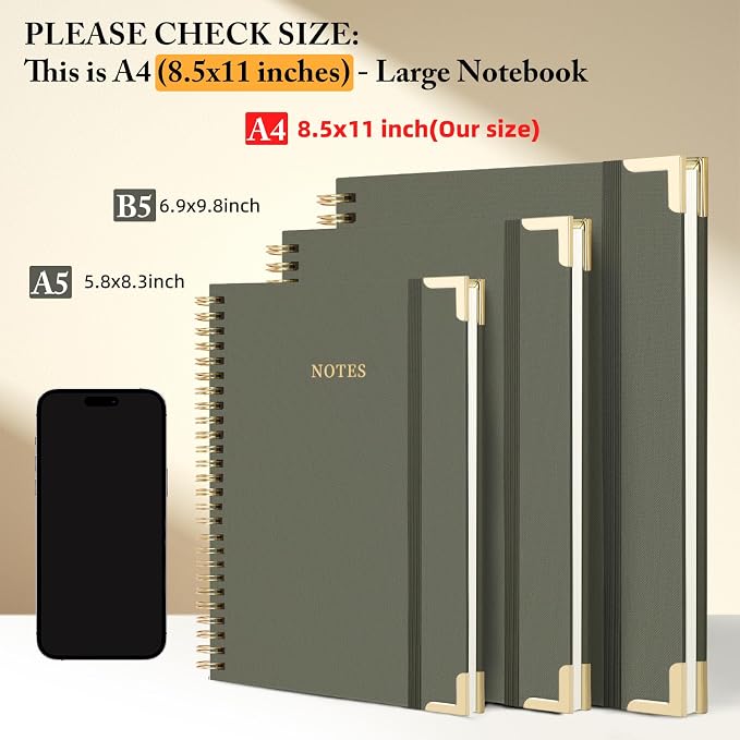 A4 Large Spiral Notebook Journal, (8.5×11'' )100 Pages 50 Sheets Linen Hardcover College Ruled Journaling For Work & Note Taking Thick Spiral Journal For Writing Daily Journal For Women & Men- Green