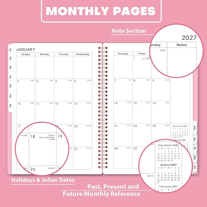 Planner 2026-2027, Jul. 2026 - Jun. 2027, 6.25" x 8.3" | Flexible Cover, A5 Thick Paper, Twin-Wire Binding, 2026-2027 planner weekly and monthly with 12 Month Tabs, Pink