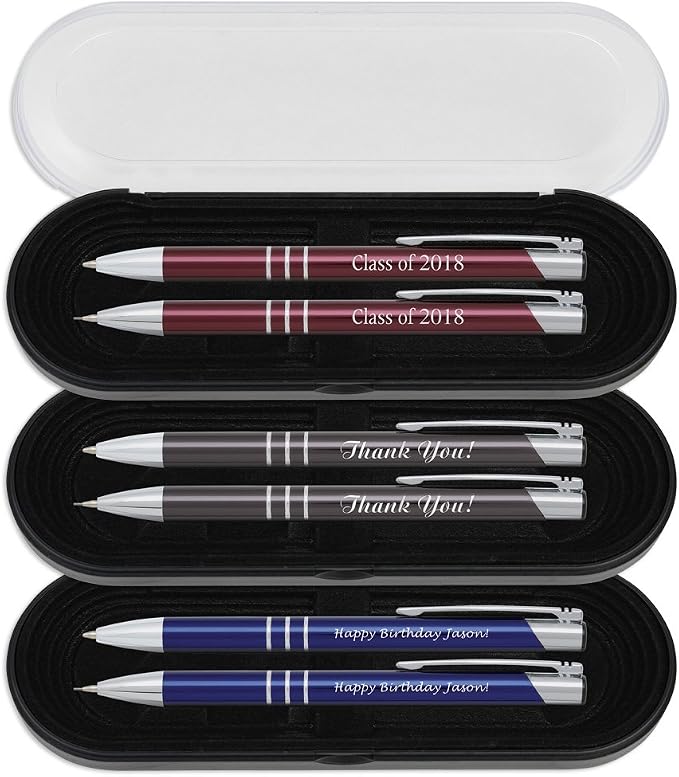 Personalized Engraved Classic Metal Ballpoint Pen & Mechanical Pencil Gift Set. Includes Case - Graphite Grey Color with Silver Accents. Black Ink