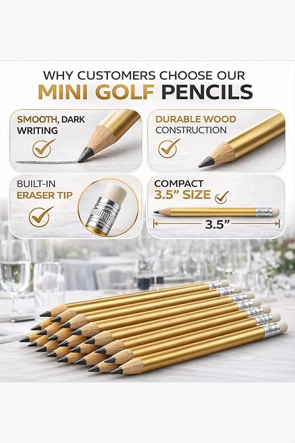 TH Golf 100pcs Golf Pencils, 4 Inch Mini Half Pencils with Eraser Sharpened Wood Mini Round for Schools Wedding Toddlers Home Corporate Multiple Colours (Gold)