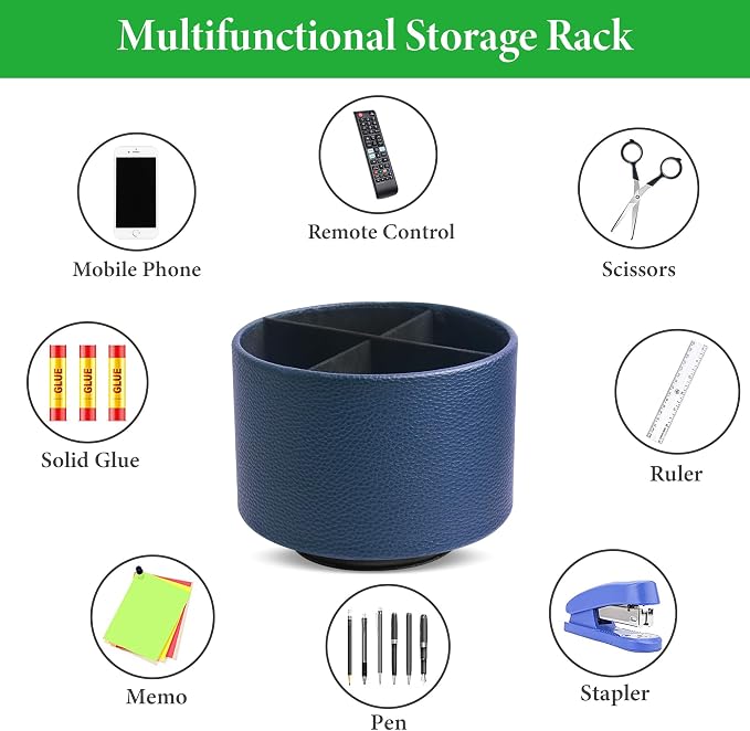 Round Leather Art Supply Organizer,Remote Control Holder,360 Degree Spinning,Multi-Functional Pencil Holder,4 Compartments Desktop Stationary Organizer(1-Lichee Blue)