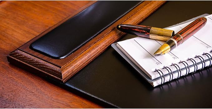 Dacasso 25.5” x 17.25” Walnut & Black Leather Desk Pad w/Side Rails - Luxury Desk Blotter for Writing - Padded Executive Desk Surface Protector