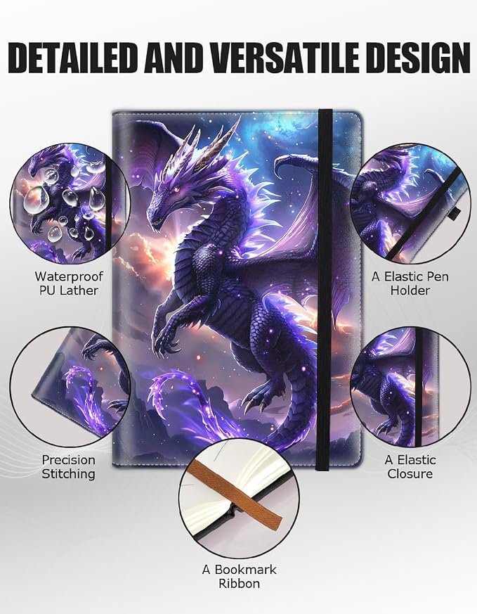 Hardcover Executive Notebooks, A5 PU Leather Lined Journal Notebook, 200 Pages Thick Paper Subject Notebooks for School,Work,Home Writing Business Notebook, Diary Book ，Purple Flying Dragon