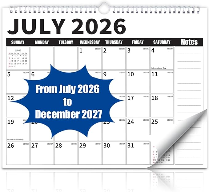Wall Calendar 2026-2027 (July 2026 - December 2027) - 18 Month Large Hanging Calendar 14.57 x 11.42 Inches, Monthly Planner with Ruled Blocks, Thick Paper, Holidays, To-Do List & Notes for Home, Office, Classroom