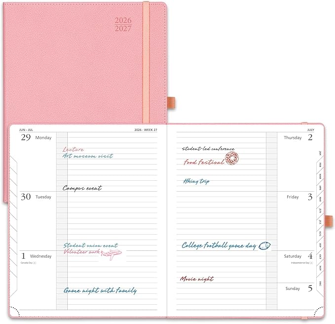 POPRUN Planner 2026-2027 (Large 8.5"x10.5"), Academic Year Weekly Planner | Calendar Book Jul.2026 - Jun.2027, Appointment Book with Monthly Tabs, Leather Hardcover, Inner Pocket, 100GSM - Soft Pink