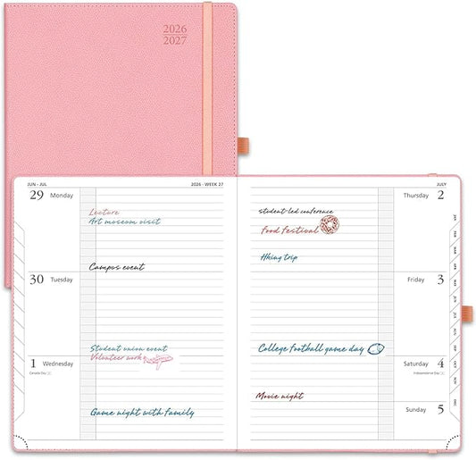 POPRUN Planner 2026-2027 (Large 8.5"x10.5"), Academic Year Weekly Planner | Calendar Book Jul.2026 - Jun.2027, Appointment Book with Monthly Tabs, Leather Hardcover, Inner Pocket, 100GSM - Soft Pink