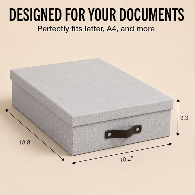 Bigso Oskar Canvas Fiberboard Document Letter Box - File Organizer Box for Important Paperwork - Document Storage with a Lid & Leather Handle - 3.3 in x 10.2 in x 13.8 in - Ash