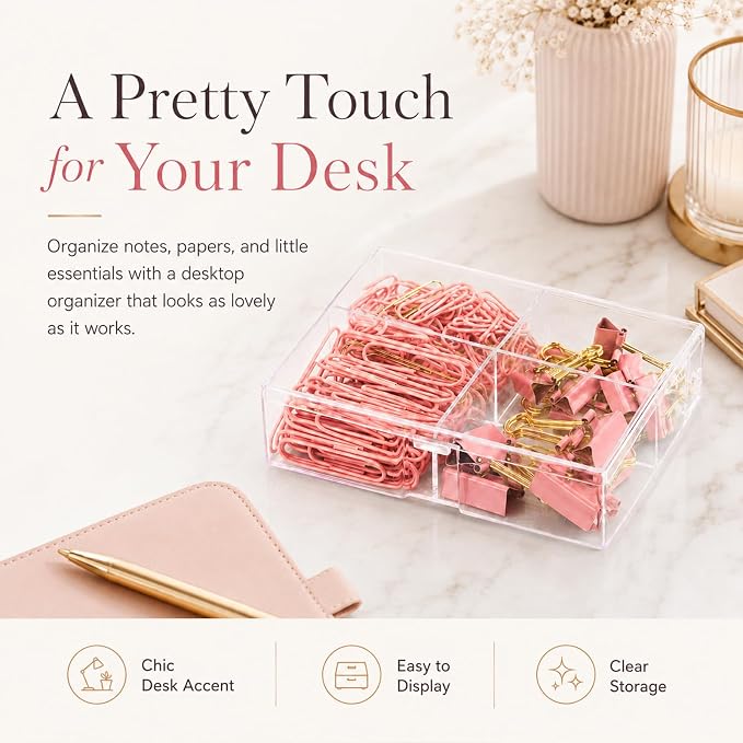 Pink and Gold Paper Clips Binder Clips Set with Storage Box, 165 Psc, Assorted Size Decorative Office Clips, Cute Desk Accessories for School, Home Office, Planner, Journal and Documents