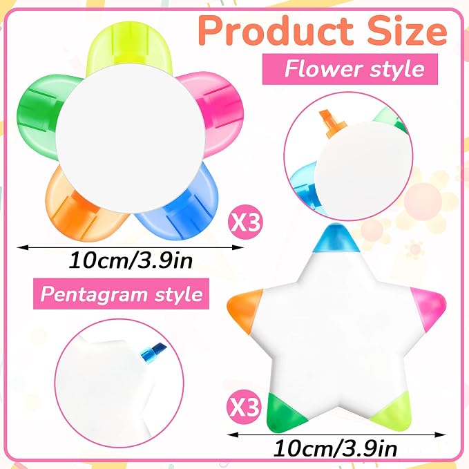 6 Pieces Petals Highlighters Flower and Star Shape Highlighter Cute Watercolor Highlighter Pens 5 in 1 Fluorescent, Brush Tip for Office Stationery Supplies Back to School 5 Colors