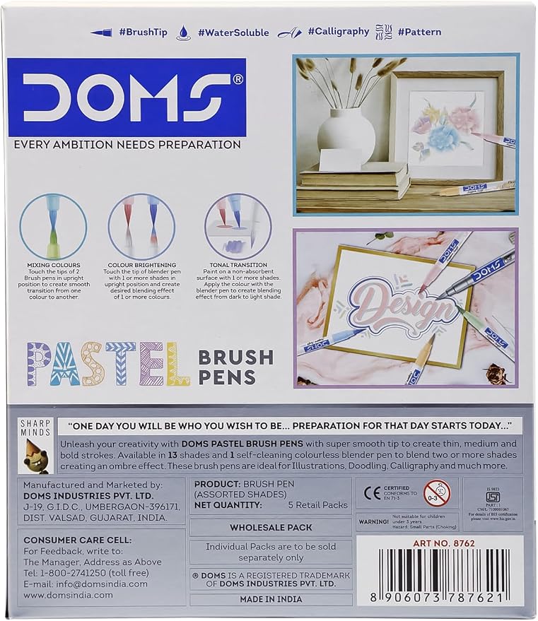 Doms Super Soft Tip Pastel Shades Brush Pen Set | 12 Pastel + 1 Silver + 1 Blender | Ideal for Doodling, Illustrations, Calligraphy, Artists & Professionals | Pack of 1
