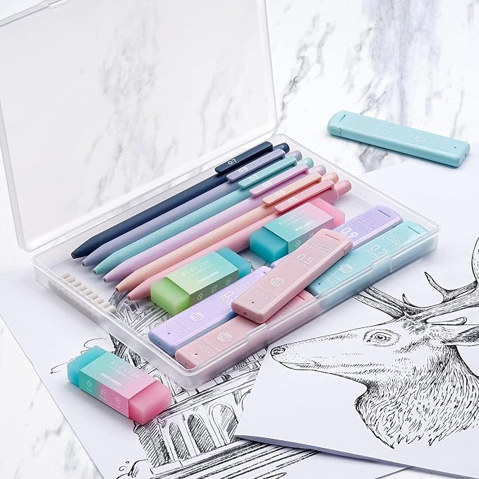 Four Candies Cute Pastel Mechanical Pencil Set, 6-Pack, 3 Sizes Included | 0.5/0.7/0.9mm, 360 HB Leads, 3 Erasers, 9 Eraser Refills, Storage Case, Aesthetic School Supplies for Girls Writing & Drawing