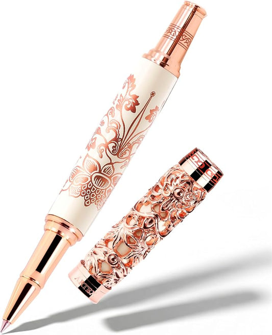 Executive Rollerball Pen Sets With Stand-Museum Collections-Crafting Timeless Beauty-Luxury Pen Gift & Office Desk Decor, German SCHMIDT refill, Solid Metal & Marble Texture (Ivory & Rosegold Pen)
