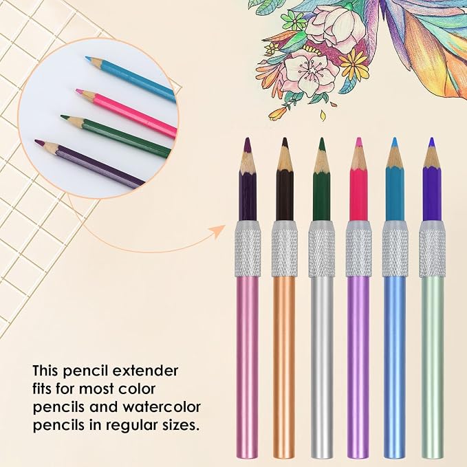 YOUSHARES Aluminum Assorted Colors Pencil Lengthener – Pencil Extender Holder for Colored Pencils in Regular Size (6 Pcs)