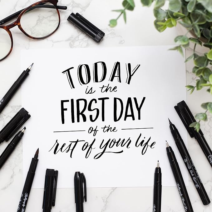 Craft 'n' Beyond Calligraphy Brush Pens Pack of 10 Markers for Hand Lettering, Art Drawing, Sketching, Scrapbooking, Writing, Journaling tip - Beginner Kit with Fadeproof Black Ink