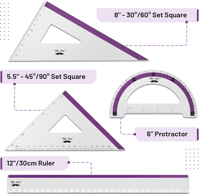 Mr. Pen- Metal Geometry Kit, 4 Pack, 45° & 30°/60° Set Squares | 6" Protractor & 12" Ruler, Durable Metal Drafting Tools for Technical Drawing, Math, Engineering & Architecture