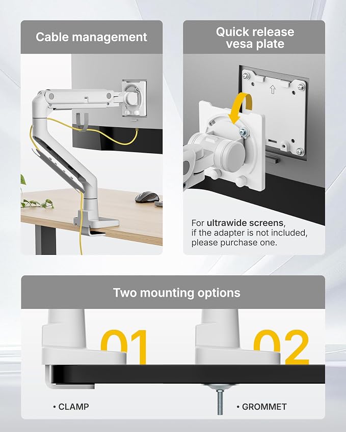monTEK Heavy Duty Monitor Arm, 17-57" Ultrawide, Gas Spring, 59.4 lbs，White | Desk Monitor Mount Holds 49" 57" Ultrawide Curved Screen Up to 59.4 lbs with No Sag,Clamp & Grommet Arm,75/100 VESA
