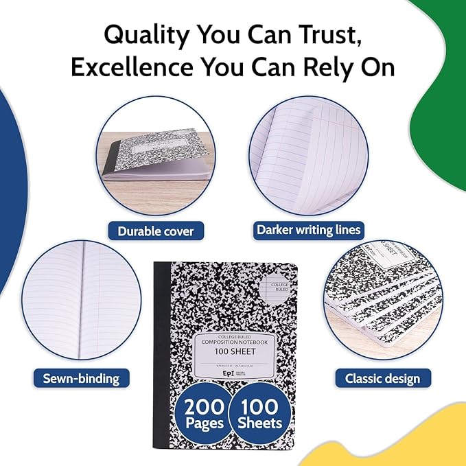 960 Pack (Pallet) EPI College Ruled Composition Notebook Bulk, 200 pages (100 Sheets), 9-3/4 x 7-1/2, Black Marble, Bulk School Supplies, Heavy Duty, Durable Office Notebooks, Sturdy Sewn Binding