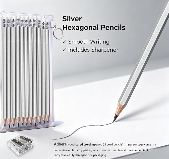 Adhere 25pcs Woodcase Pencils with Eraser Premium Pre-Sharpened Hexagon Graphite 2B pencils ideal for home, office writing including a Free Sharpener (Silver・25pcs)