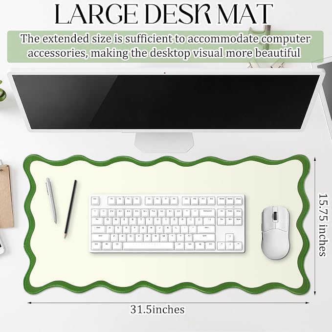 Hahafelt Scalloped Desk Mat Large Desk Pad Cute Coquette Table Mat Back to School Preppy Table Make up Pad Nonslip Graduation Gift with Stitching Waterproof Gaming(Green,23.6 x 13.8 Inches)