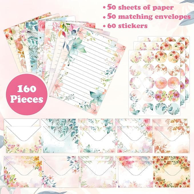 FUNCLASS 160 Pcs Floral Stationery Set Letter and Envelopes | 50 Lined Stationery Paper and 50 Matching Envelopes , 5.5 x 8.25 Inches Letter Writing Stationery for Home, Office, School